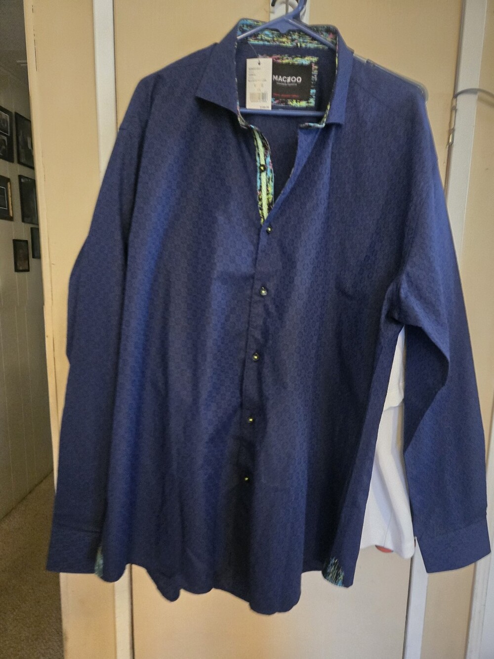 Maceoo Italian Exotic Men's Navy Button-Down Shirt with Subtle Pattern by